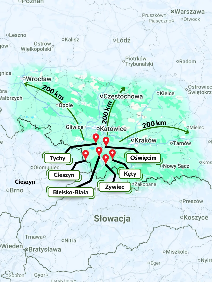 Mapa zasięgu Transport Elektrykiem